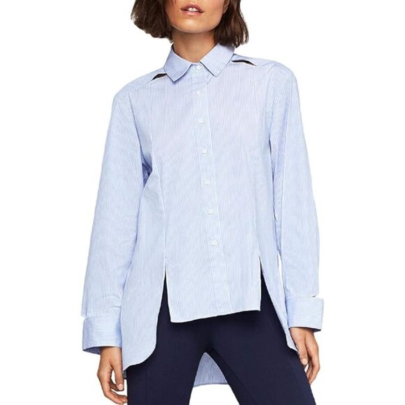 💚BCBG MaxAzria – Modern Blue Striped High-Low Button Front Blouse – Size Small - Picture 2 of 13